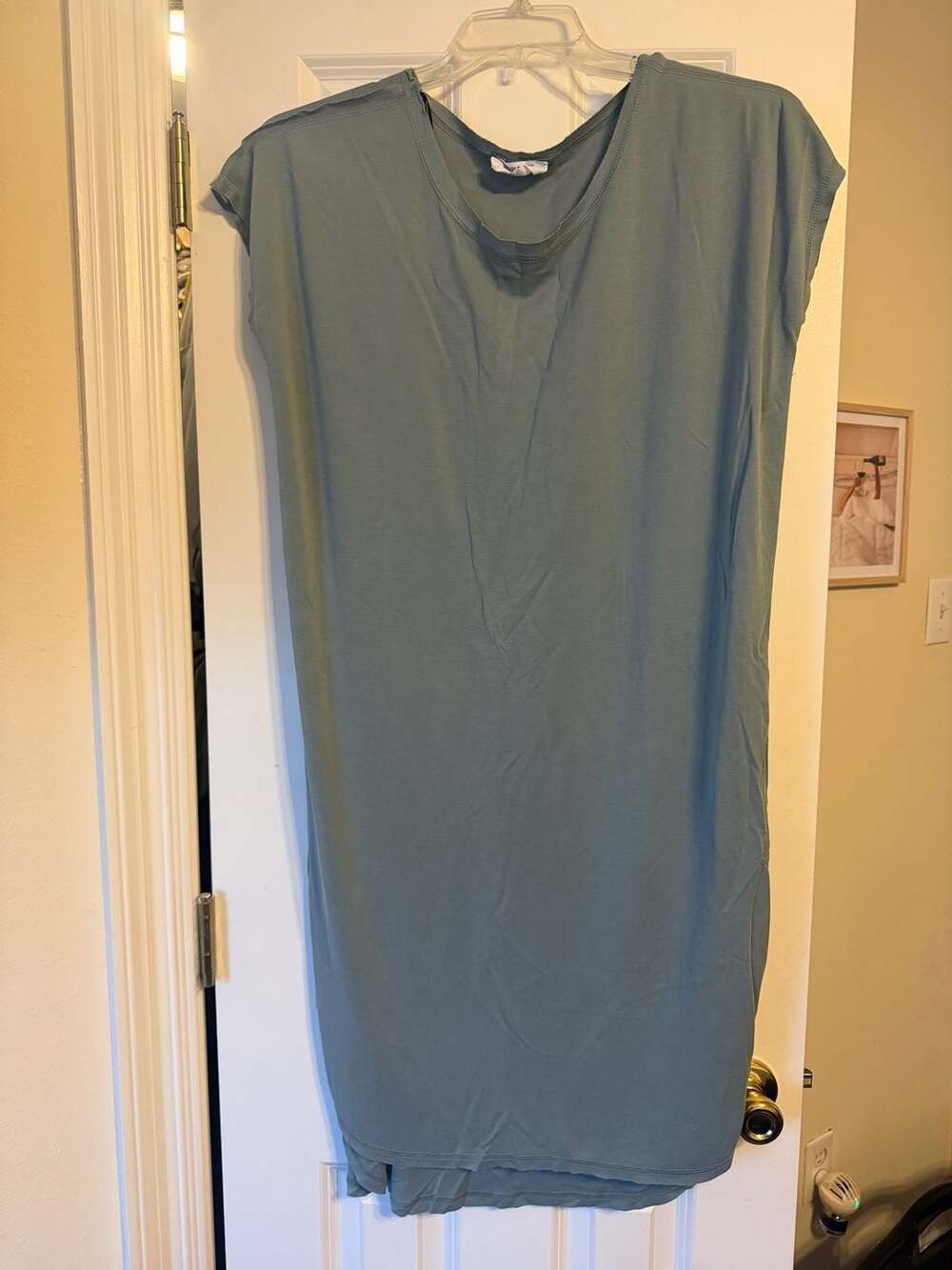 Double Zero Sage Green T-Shirt Dress Size Small Casual Deconstructed Curved Hem